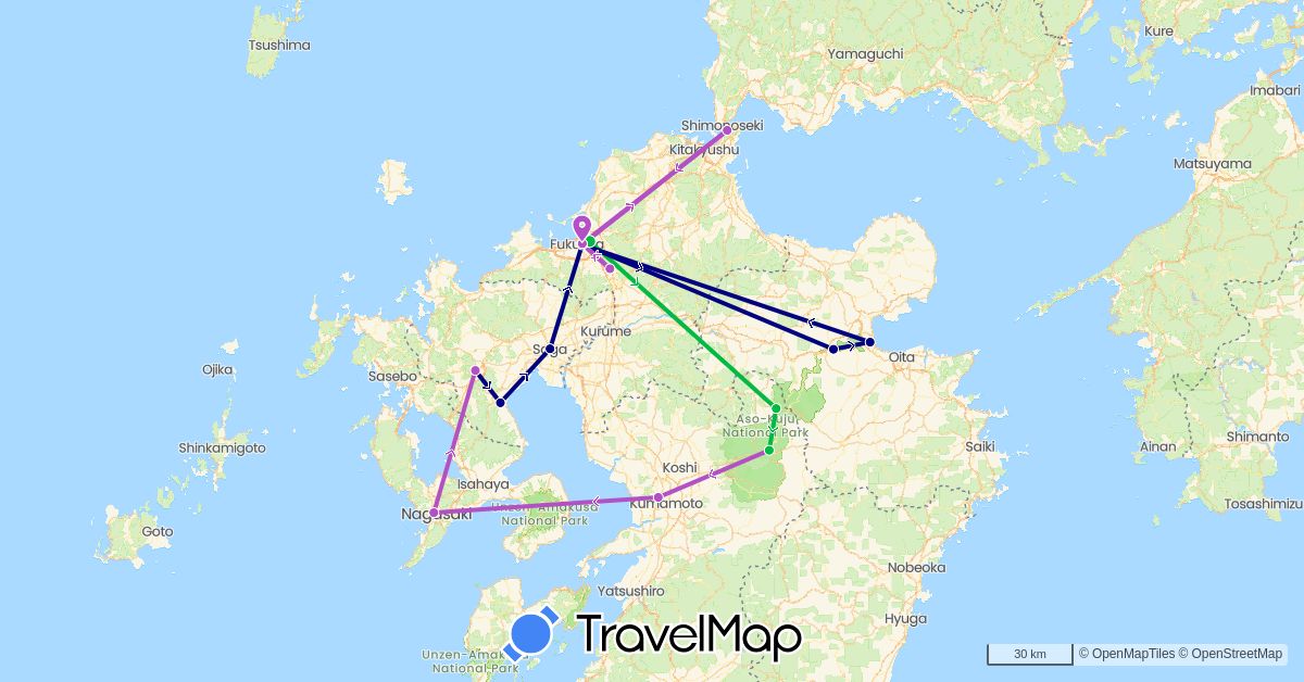 TravelMap itinerary: driving, bus, train in Japan (Asia)
